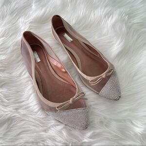 Schutz | Women’s Kani Ballerina Flats Nude Pointed Toe Rhinestones Bow Mesh Shoe